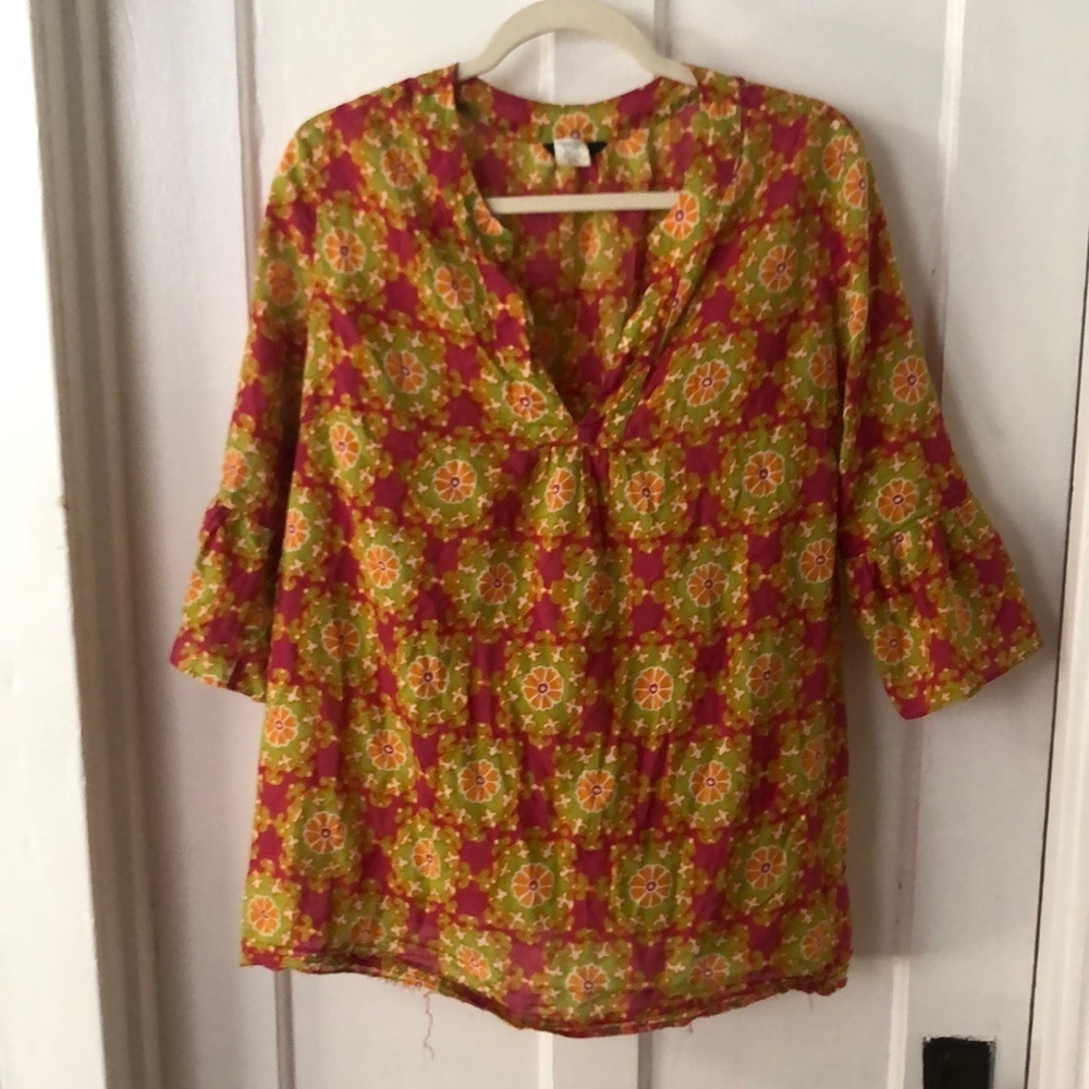 J.Crew Mod Floral Print 3/4 Sleeve Tunic Length V Neck Shirt